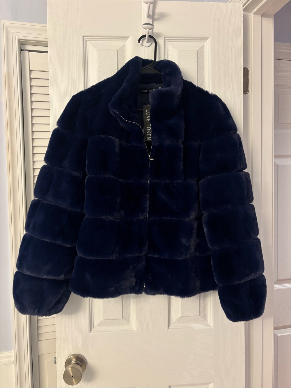 Love Token Navy Plush Faux Fur Teddy Jacket Medium NWT